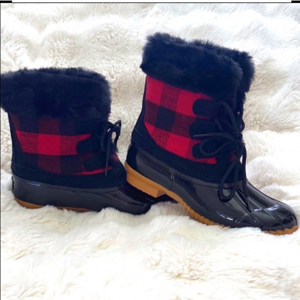 G.H. Bass Duck Boots Womens Sz 8 Harlequin Plaid Faux‎ Fur Lined Waterproof Lace - Picture 2 of 6